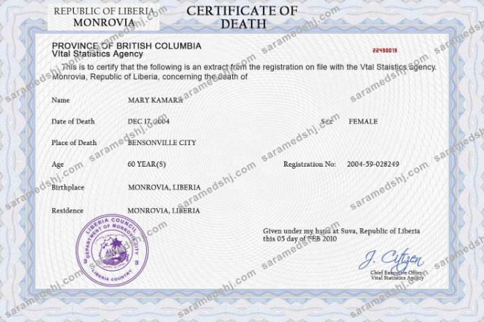 Liberia death certificate PSD template